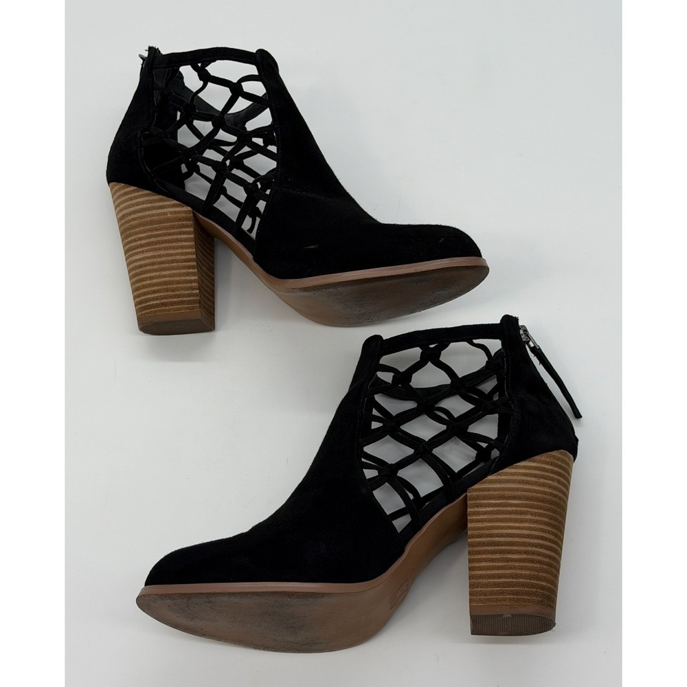 Joes Jeans Boots Women 9.5 Black Suede Cage Cutout Block Heel Ankle Party Baddie